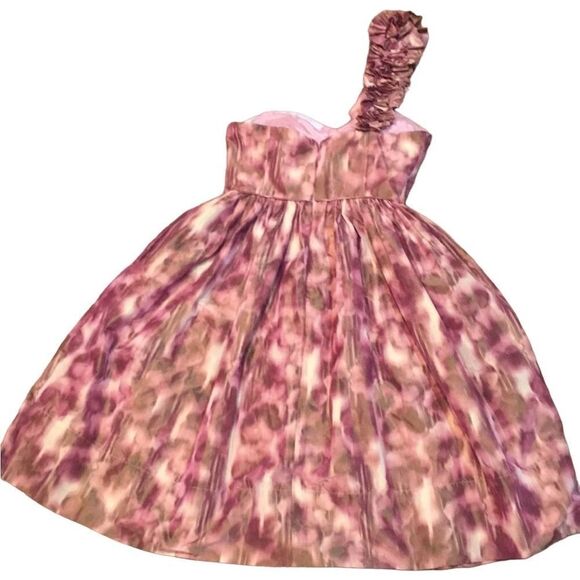 Maggy London One shoulder Ruffle  full pink print dress 2 - Picture 6 of 10